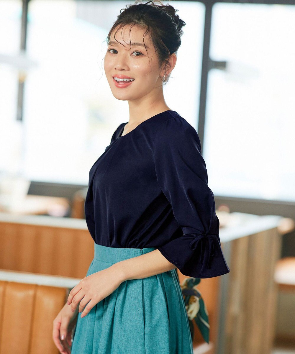 Tiaclasse 【洗える】リボン付きタックフレア袖ブラウス 