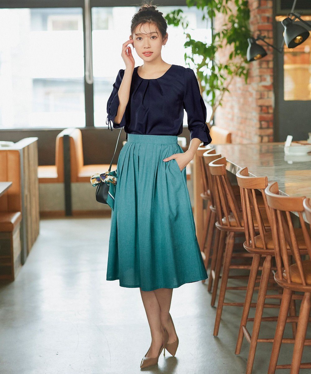 Tiaclasse 【洗える】リボン付きタックフレア袖ブラウス 