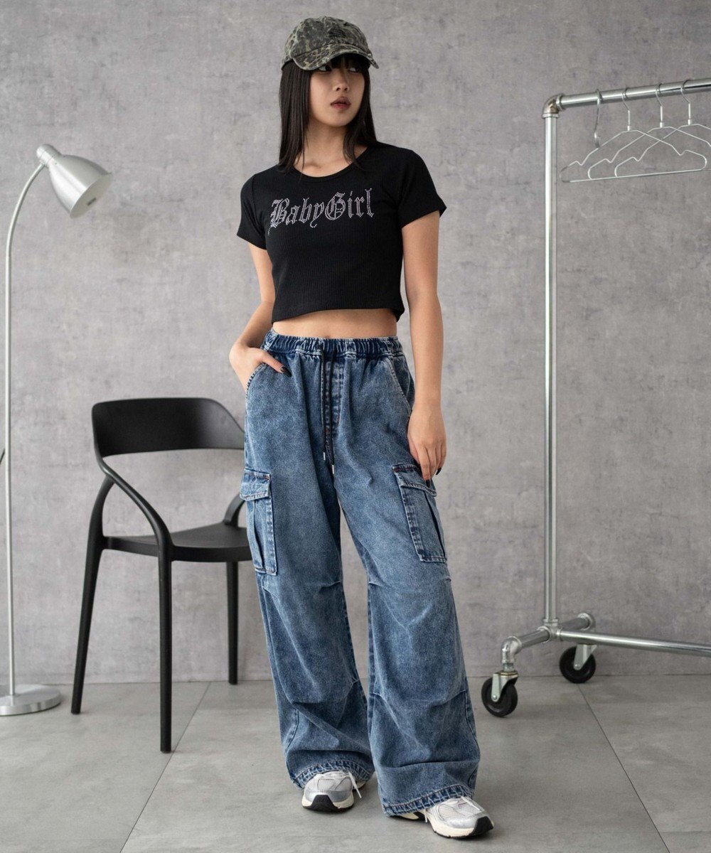 WEGO 【XS～Mサイズ展開/ウエストゴム 】デニムイージーパラシュートカーゴパンツ 