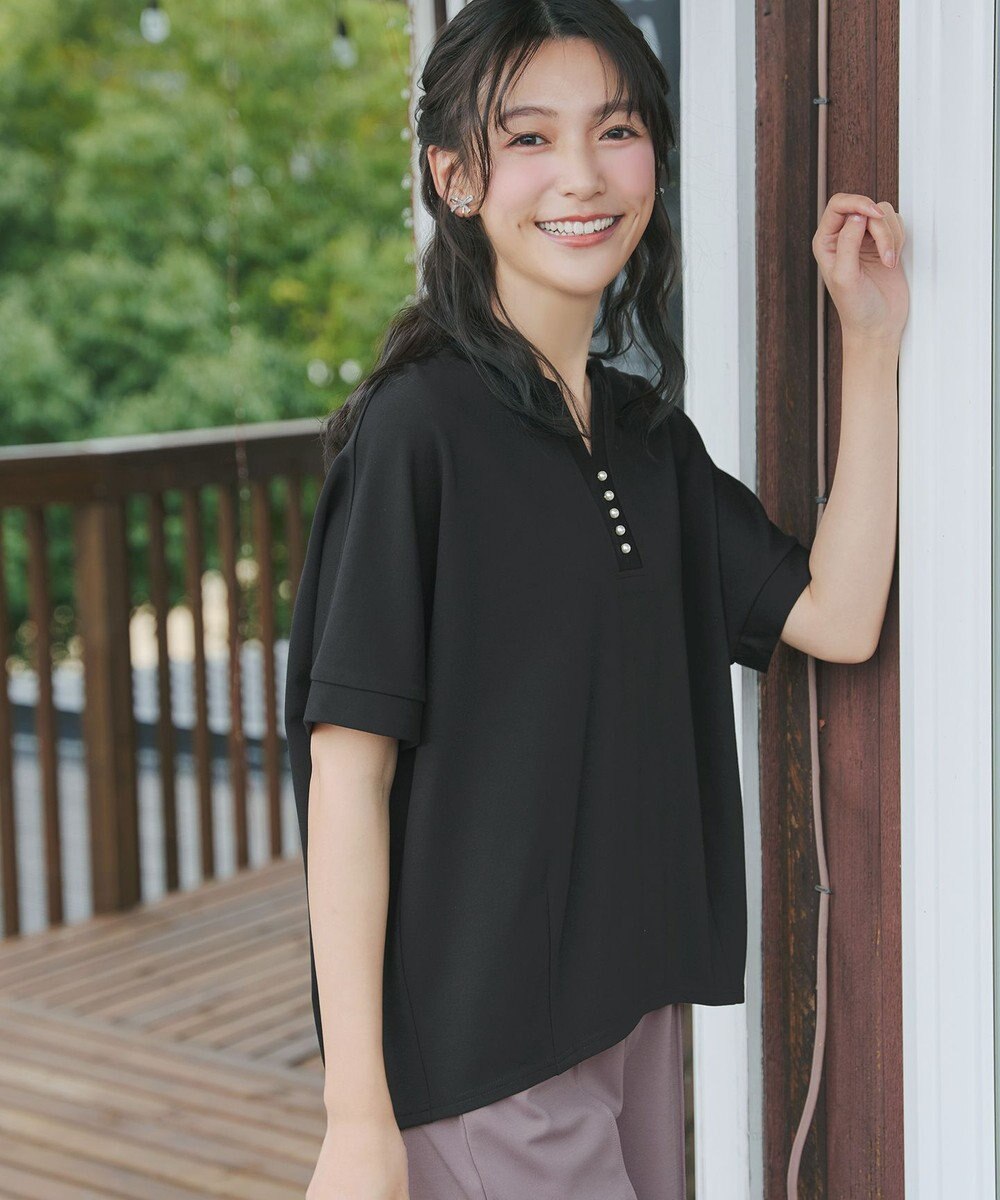 Tiaclasse パール付きキーネックトップス 