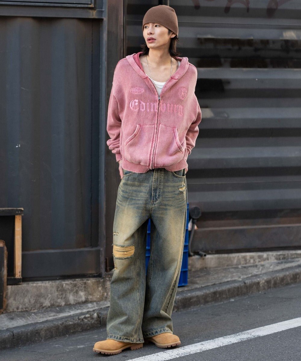 WEGO 【ユニセックス着用ITEM】ブリーチニットグラフィックZIPパーカー 