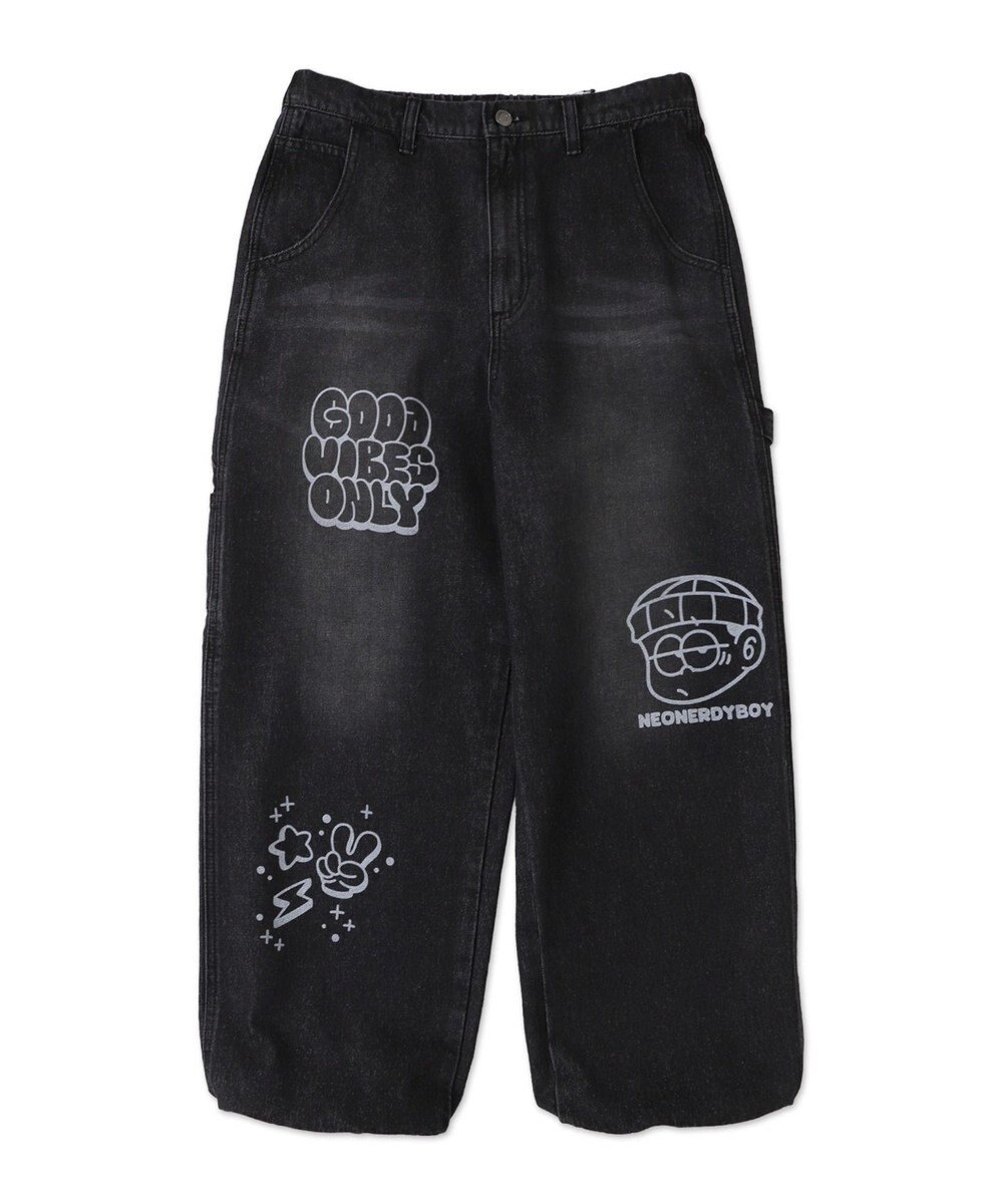 WEGO 【ウエスト紐で調整】イージーペインターグラフィックデニムパンツ 