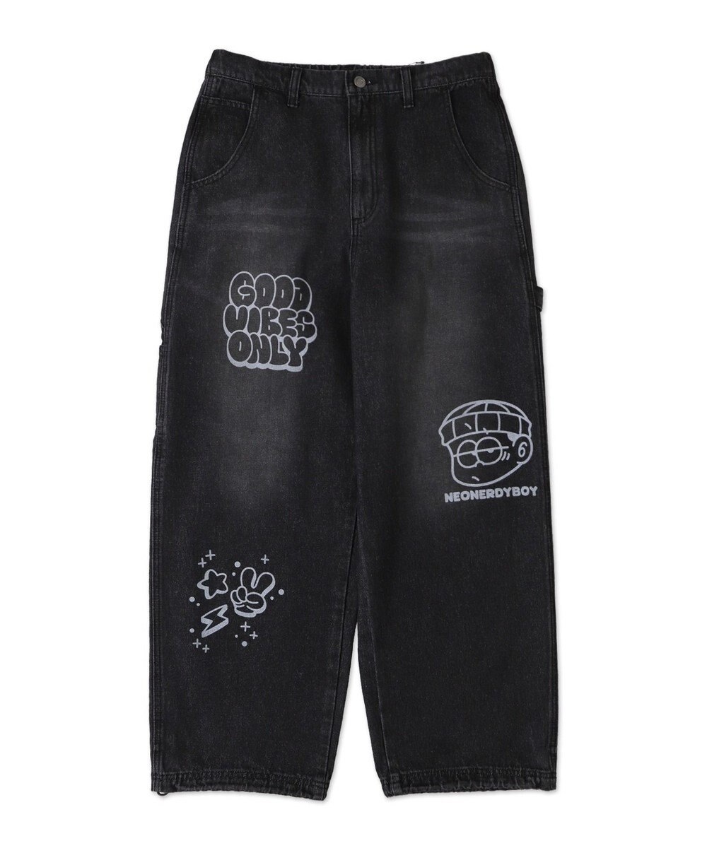 WEGO 【ウエスト紐で調整】イージーペインターグラフィックデニムパンツ 