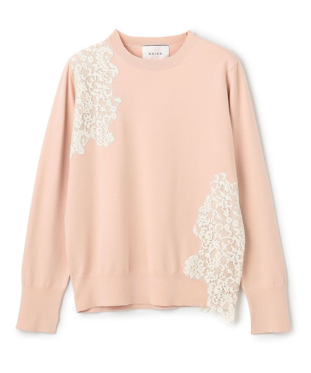 BEIGE， 【ご好評により新色追加！洗える】WILLOW / アシンメトリーレースクルーネックニット 