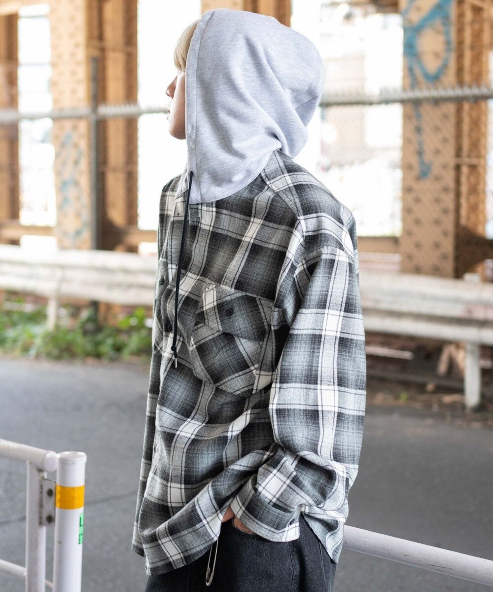WEGO 【25年秋冬新作/ユニセックス着用ITEM/MLサイズ展開】オンブレチェックフードネルシャツ（LS） 