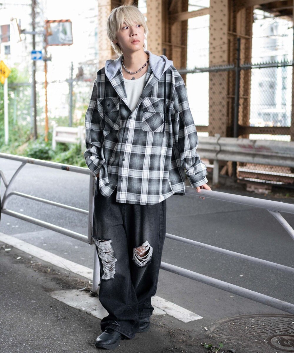 WEGO 【25年秋冬新作/ユニセックス着用ITEM/MLサイズ展開】オンブレチェックフードネルシャツ（LS） 