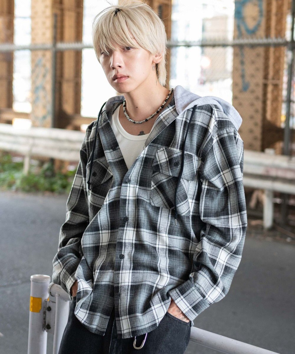 WEGO 【25年秋冬新作/ユニセックス着用ITEM/MLサイズ展開】オンブレチェックフードネルシャツ（LS） 