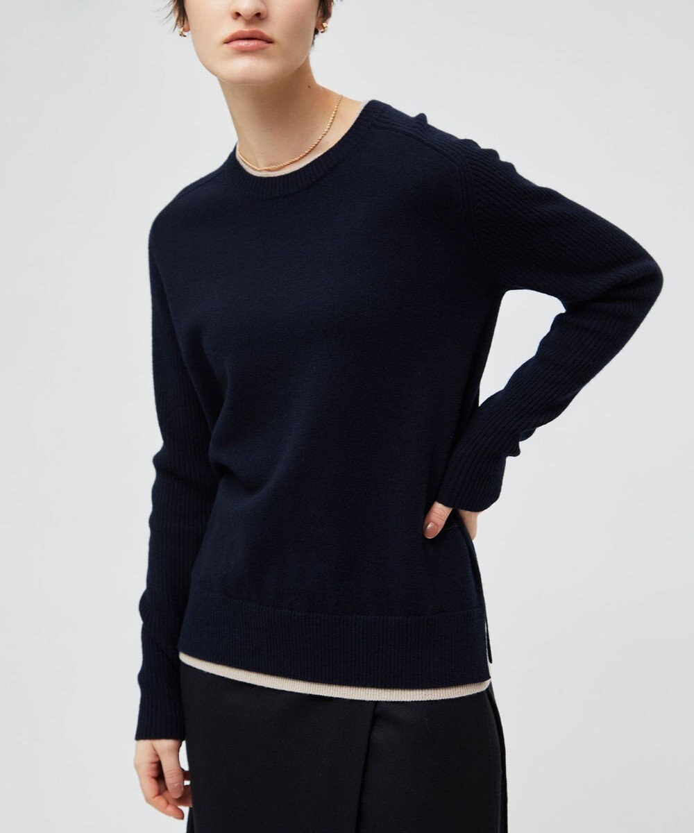 BEIGE， 【洗える】POMPE / ウールカシミヤ配色リブクルーネック 