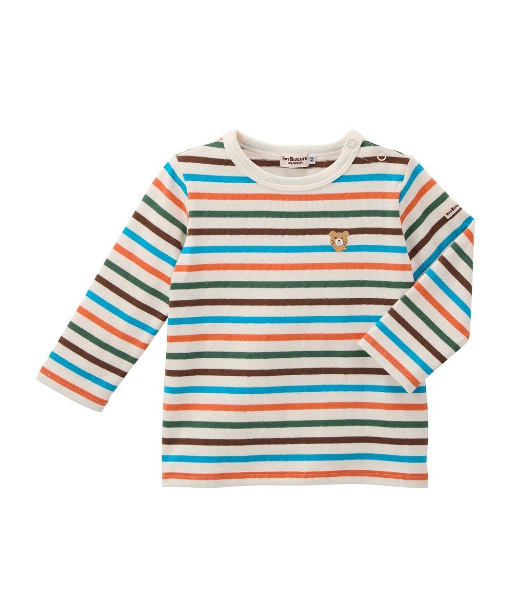 MIKI HOUSE HOT BISCUITS 【80-120cm】ボーダー柄 ワンポイント長袖Tシャツ 