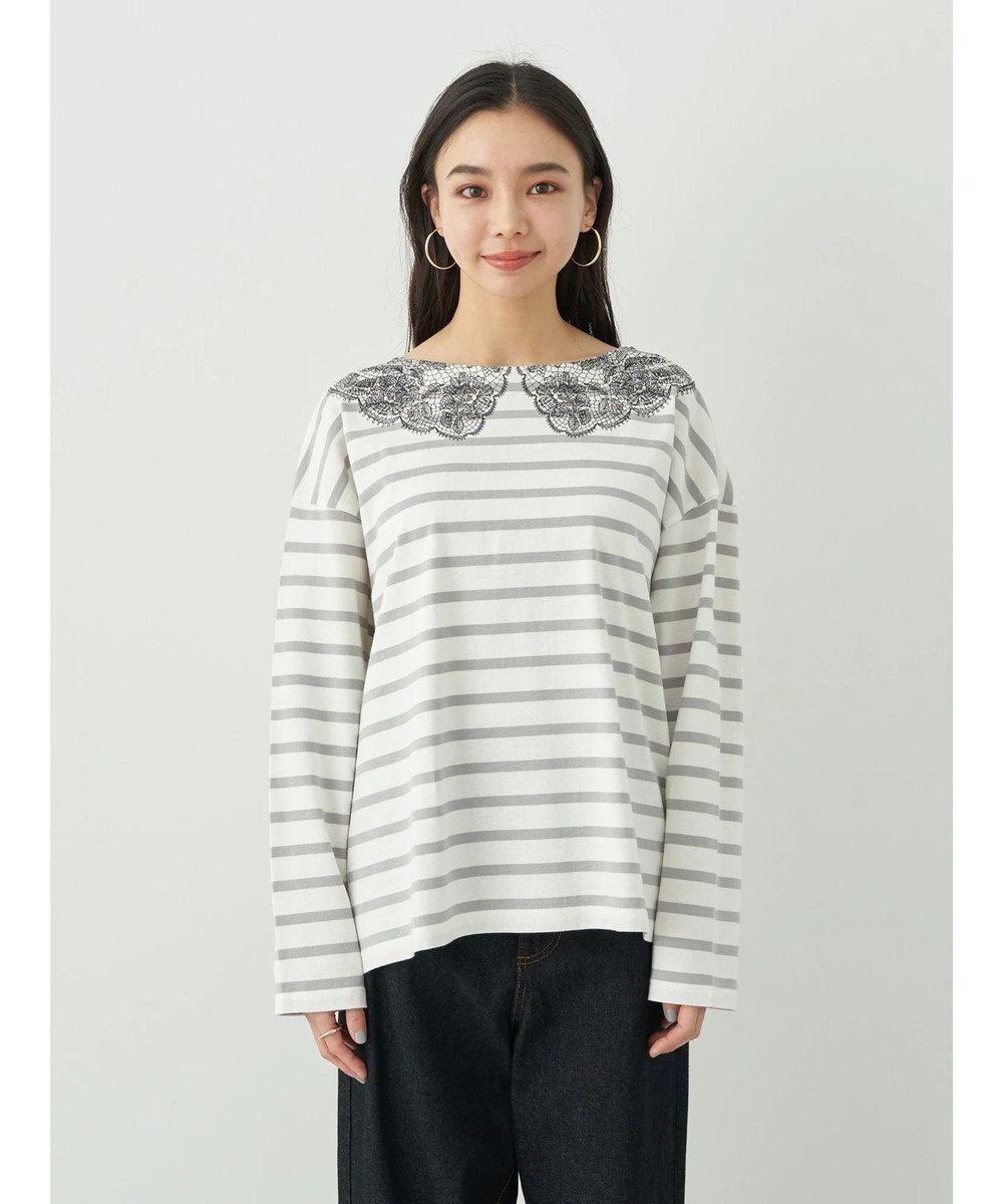 earth music&ecology レースプリントボーダープルオーバー 