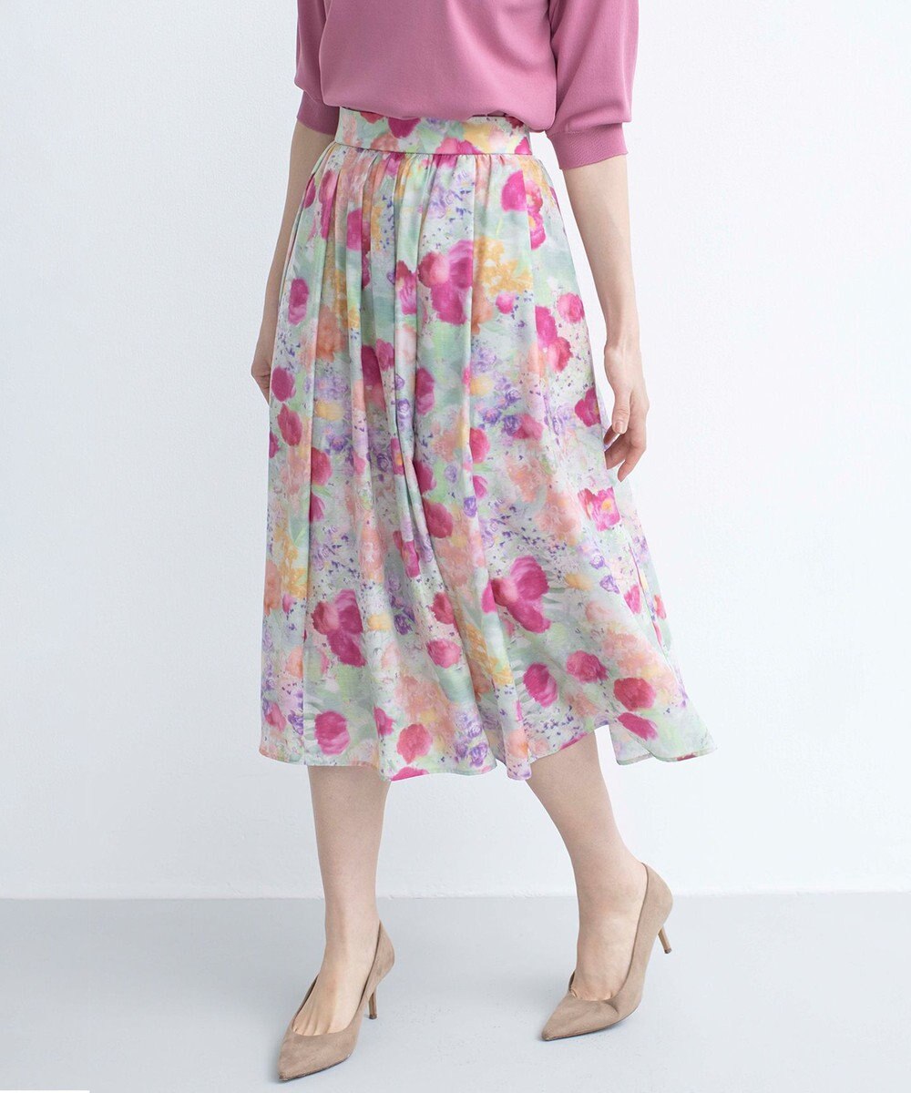 組曲 ピオニーシフォンプリント フレアスカート 