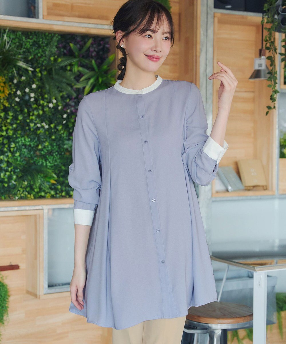 Tiaclasse L 【新色追加】バンドカラーシャツチュニックブラウス 