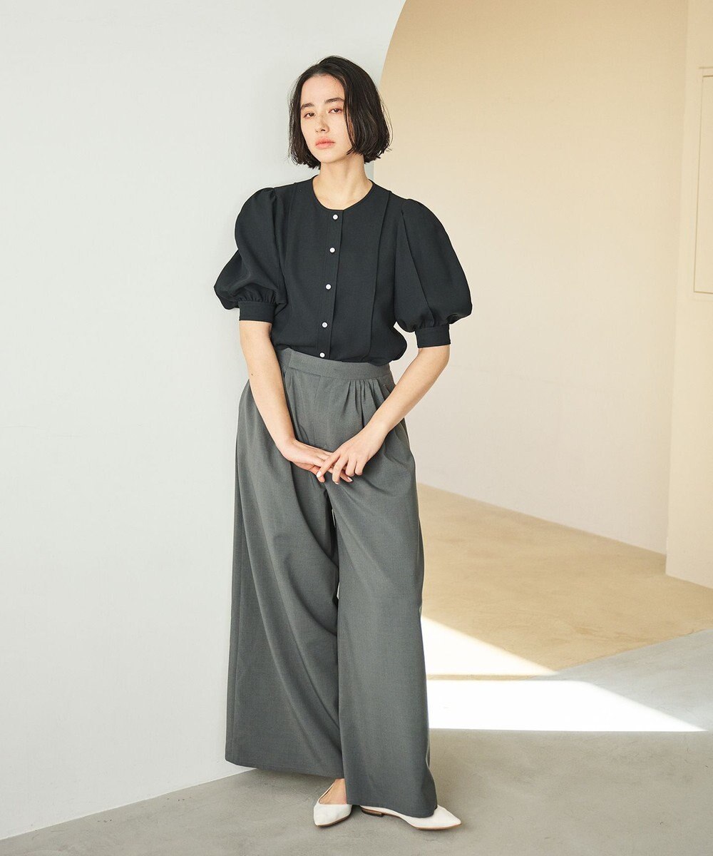 #Newans 【洗濯機可能/シワになりにくい】〈肩幅・二の腕が華奢見えする〉パフスリーブバイカラーブラウス 