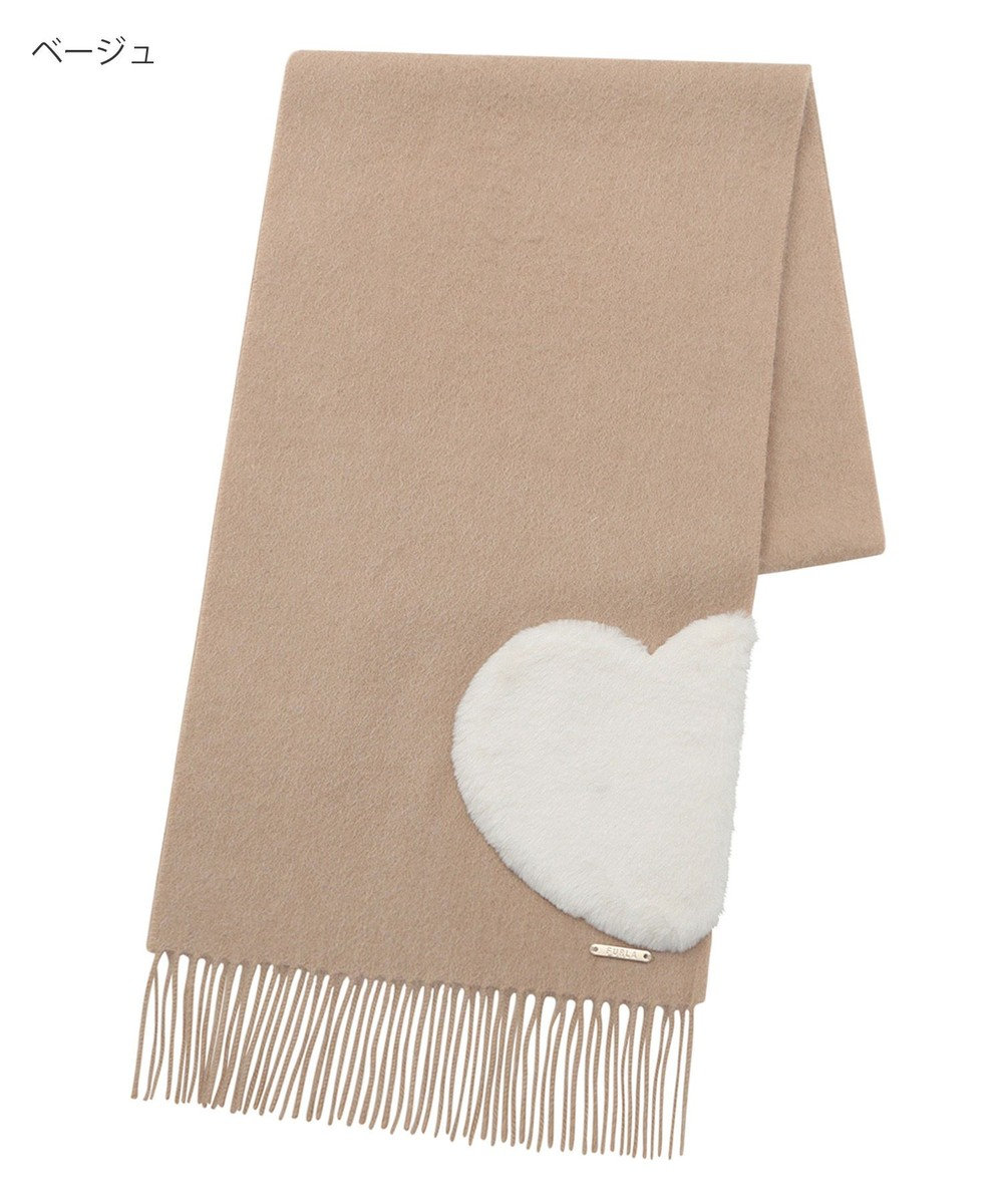 MOONBAT 【WEB限定】フルラ (FURLA)エコファー付きマフラー 無地×ハート　ウールマフラー ロゴプレート付き 