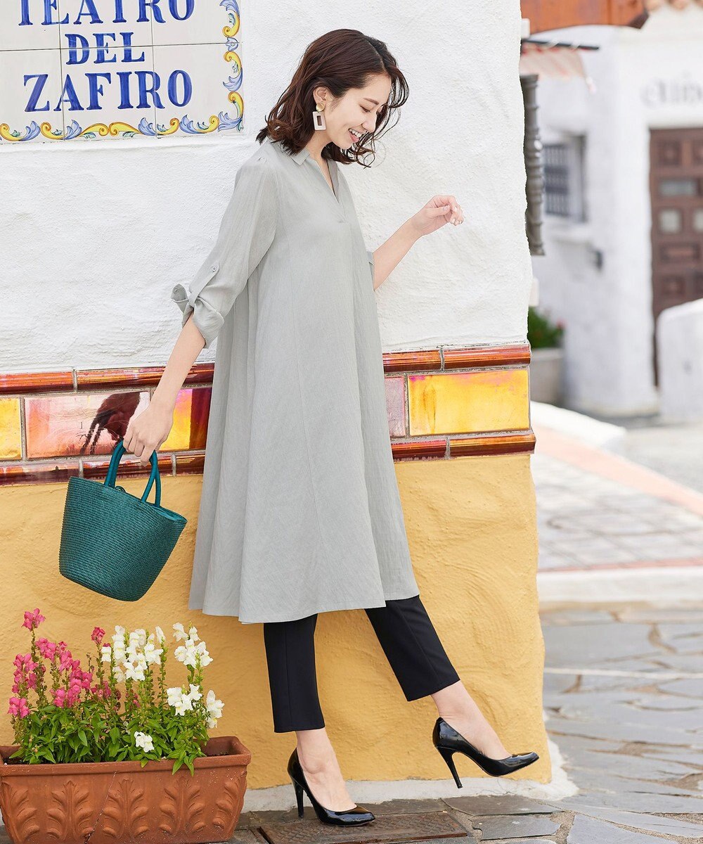 Tiaclasse 【洗える】 麻調Aラインシャツワンピース 