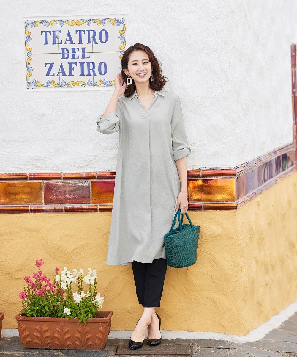 Tiaclasse 【洗える】 麻調Aラインシャツワンピース 