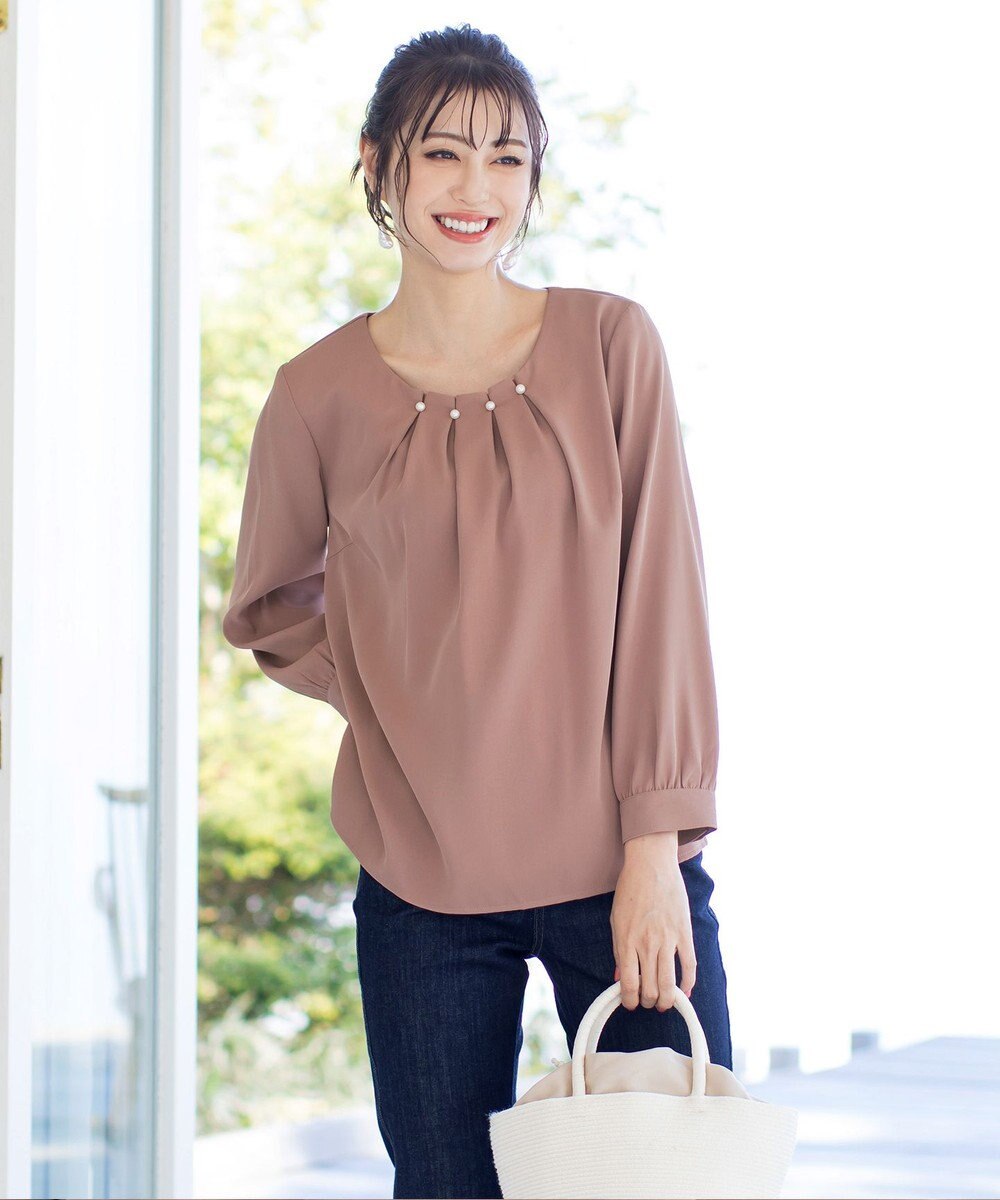 Tiaclasse L 【洗える】大人上品なタックパールブラウス 