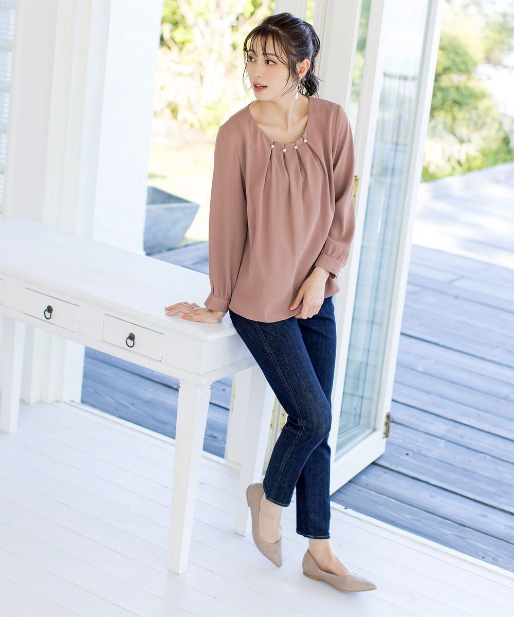 Tiaclasse L 【洗える】大人上品なタックパールブラウス 