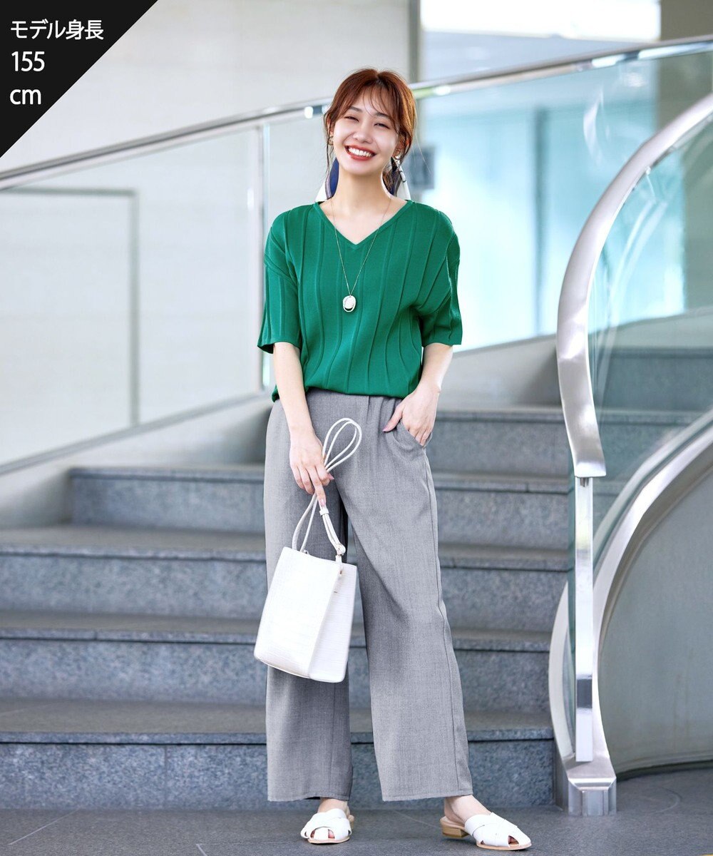 Tiaclasse L 【洗える】プリーツ編みVネックニットトップス 