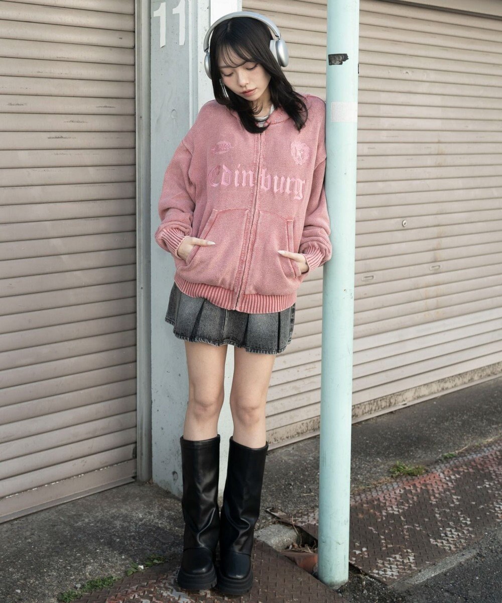 WEGO 【ユニセックス着用ITEM】ブリーチニットグラフィックZIPパーカー 