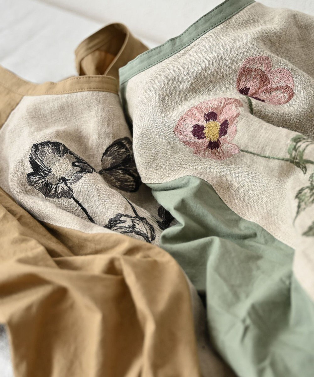 muuc 〈遠州織物〉ウエスト紐付き フレンチスリーブ ポピーの花刺繍 ワンピース 