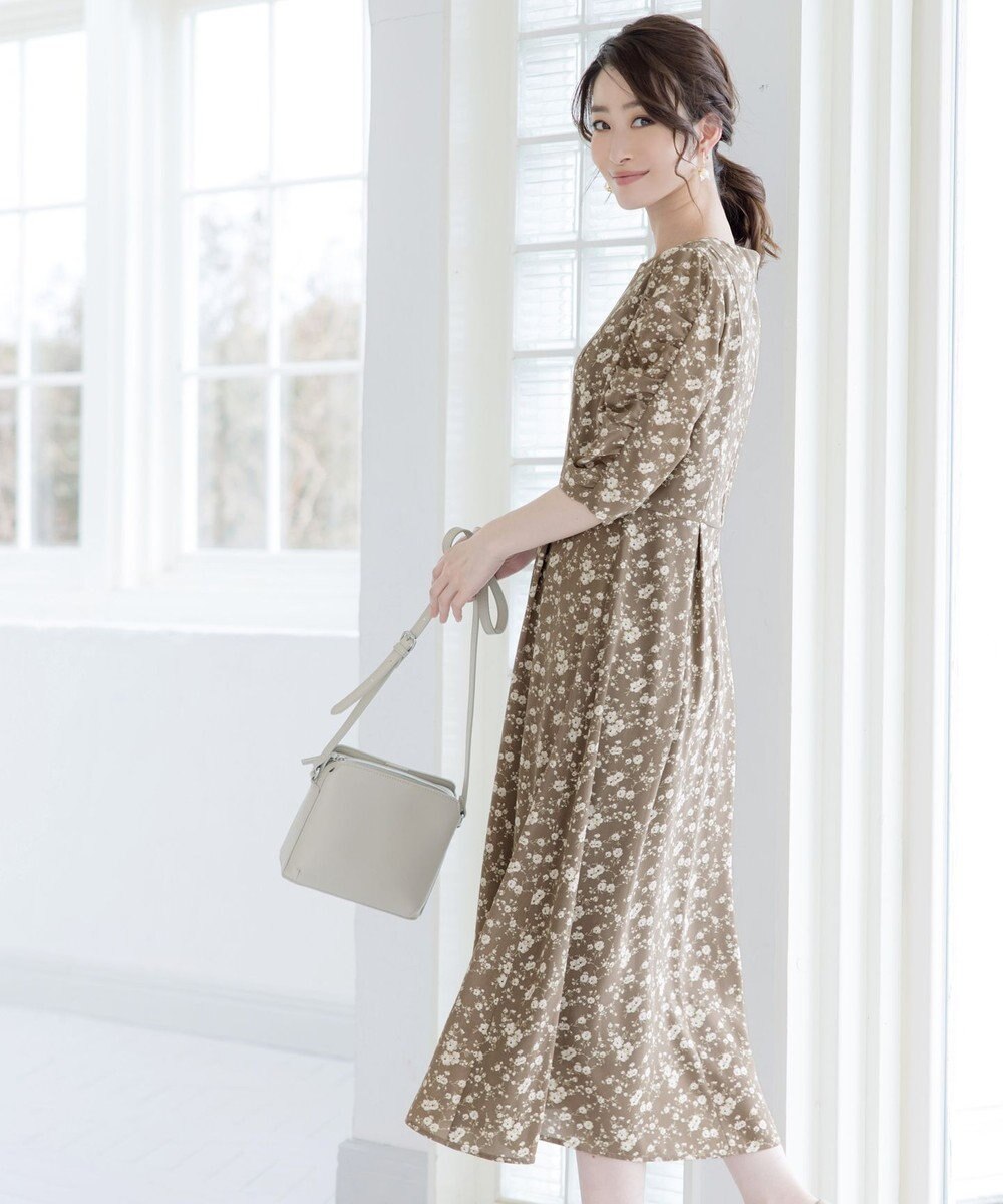 Tiaclasse 【洗える】ギャザースリーブ花柄ワンピース 