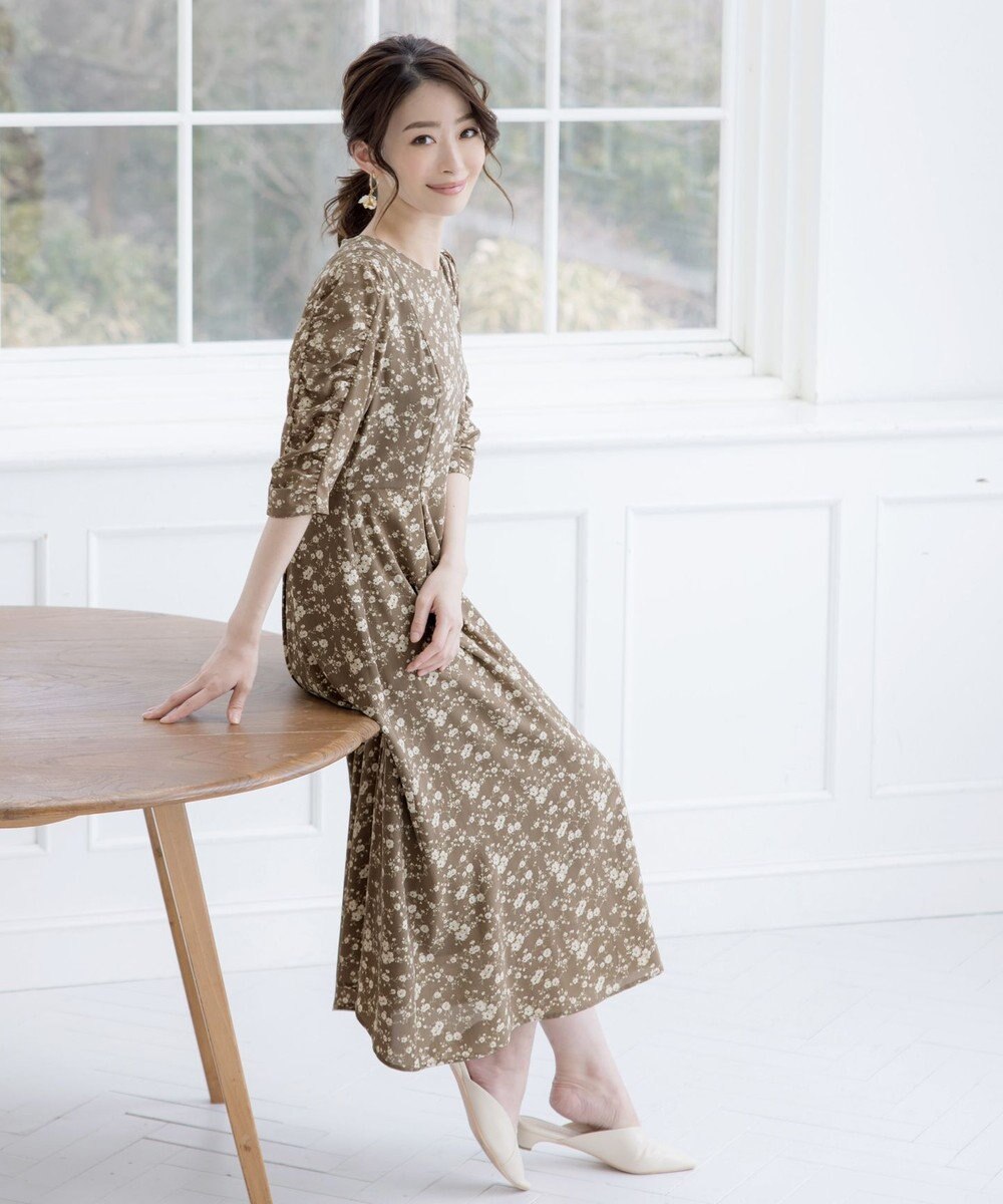 Tiaclasse L 【洗える】ギャザースリーブ花柄ワンピース 