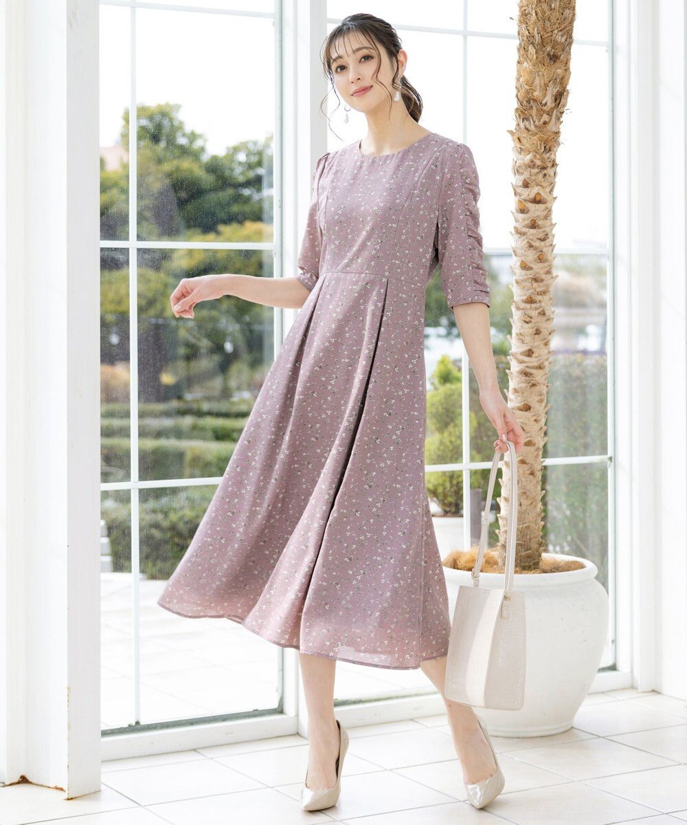 Tiaclasse L 【洗える】ギャザースリーブ花柄ワンピース 