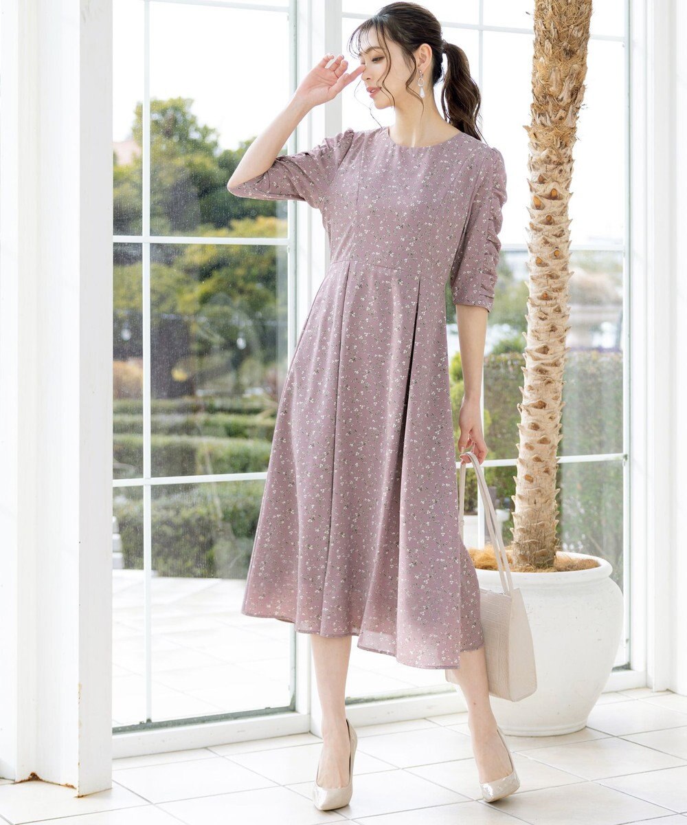 Tiaclasse 【洗える】ギャザースリーブ花柄ワンピース 