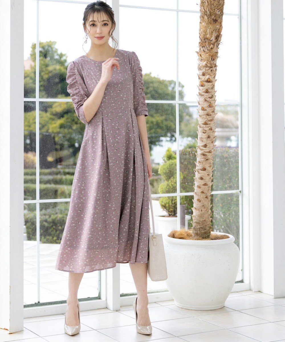 Tiaclasse L 【洗える】ギャザースリーブ花柄ワンピース 