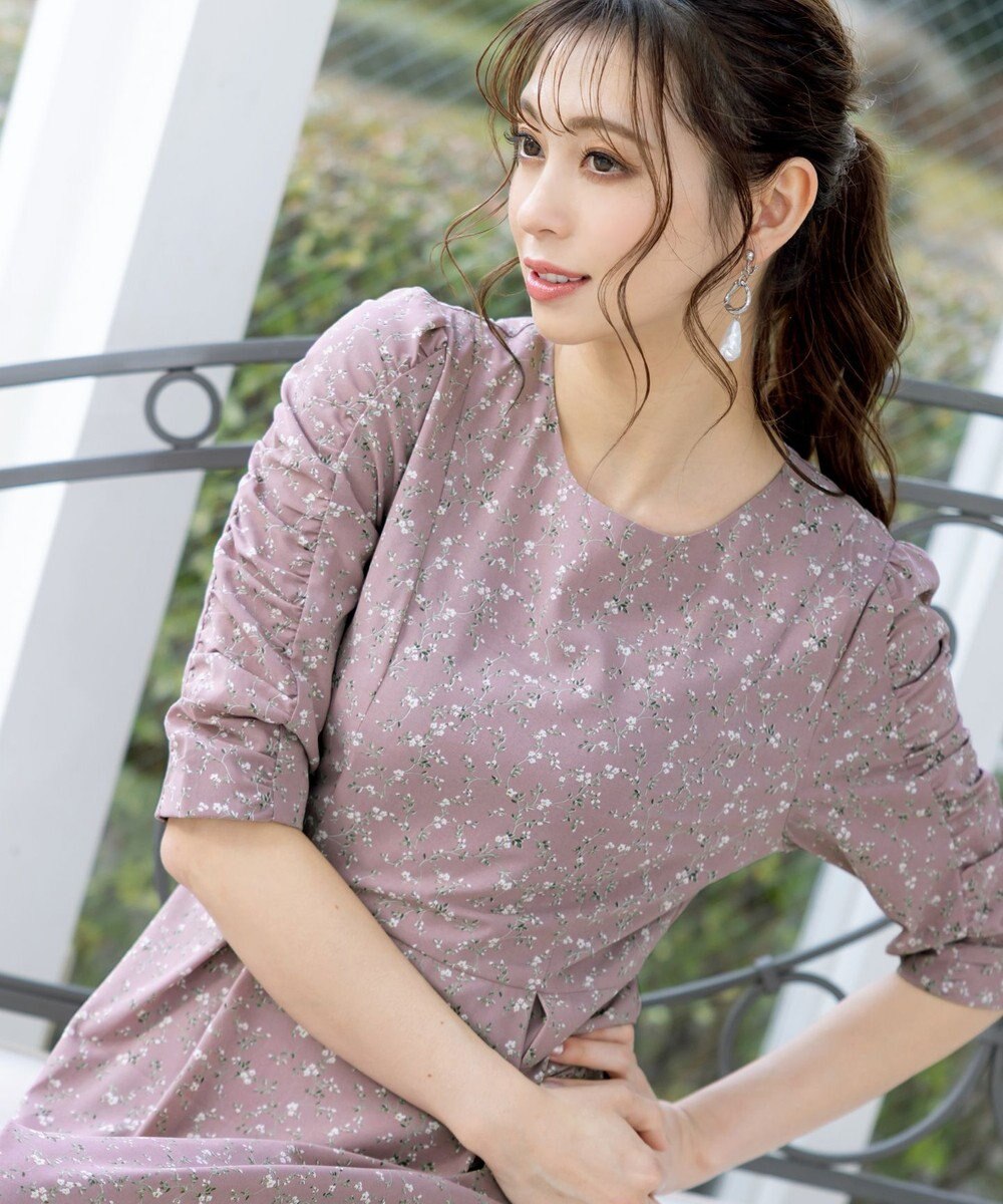 Tiaclasse L 【洗える】ギャザースリーブ花柄ワンピース 