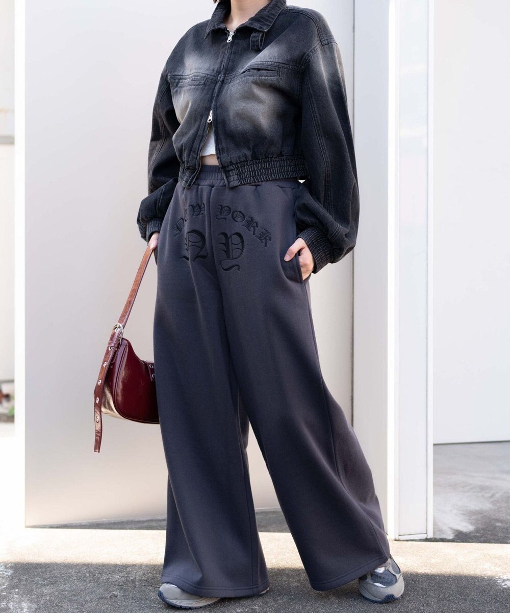 WEGO 【ウエストゴム】グラフィック刺繍裏起毛ワイドSWTパンツ 