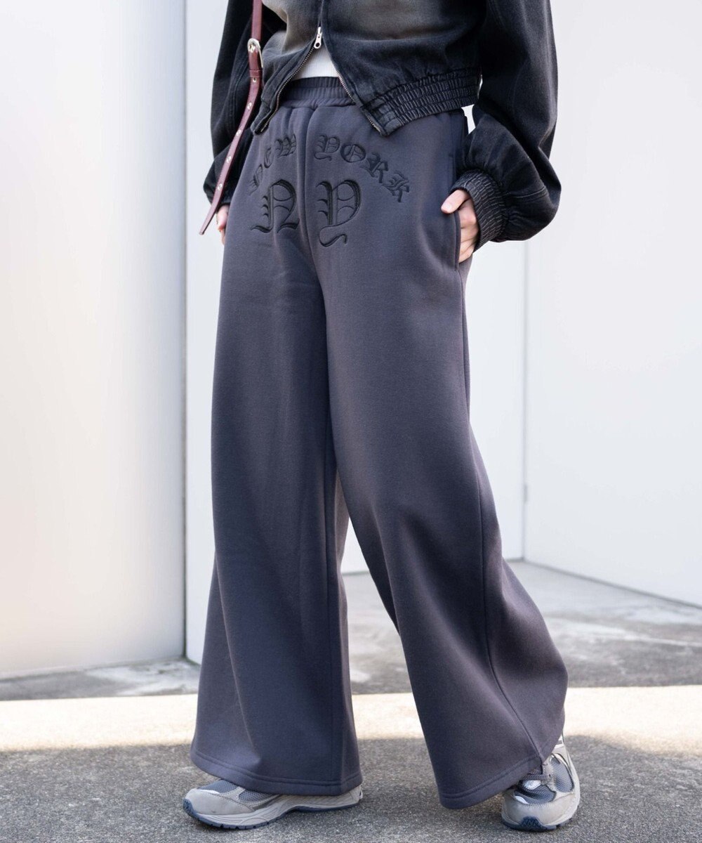 WEGO 【ウエストゴム】グラフィック刺繍裏起毛ワイドSWTパンツ 