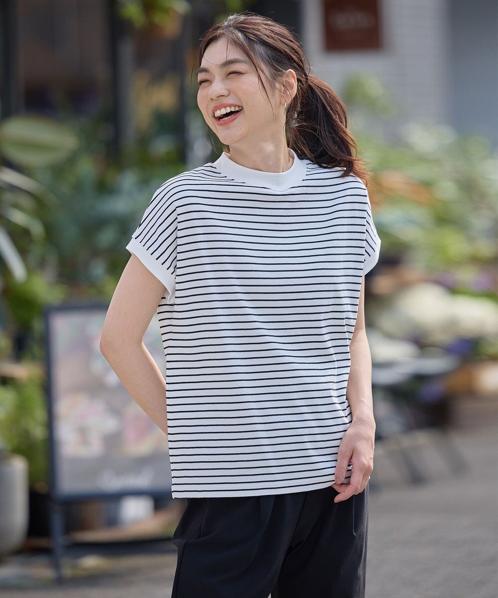 ANY L 【大好評につき新色登場！】モックネックフレンチスリーブ ボーダーＴシャツ 