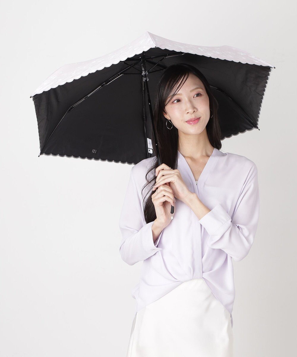 MOONBAT 【遮光率100％/遮熱/UV】LANVIN en Bleu (ランバン オン ブルー)晴雨兼用日傘 フラワーグリッター シルバースカラ刺繍 花柄 折りたたみ傘 簡単開閉 