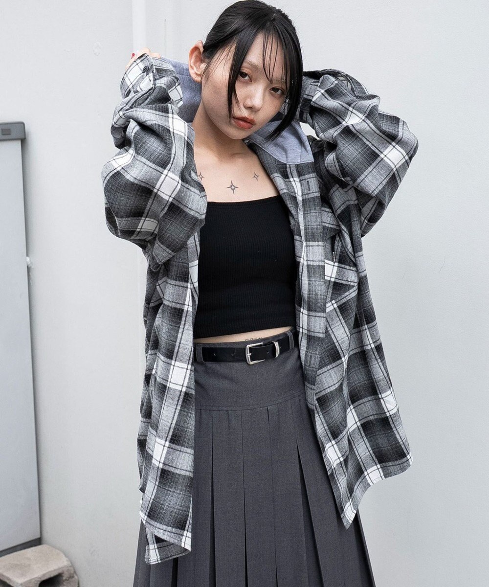 WEGO 【25年秋冬新作/ユニセックス着用ITEM/MLサイズ展開】オンブレチェックフードネルシャツ（LS） 