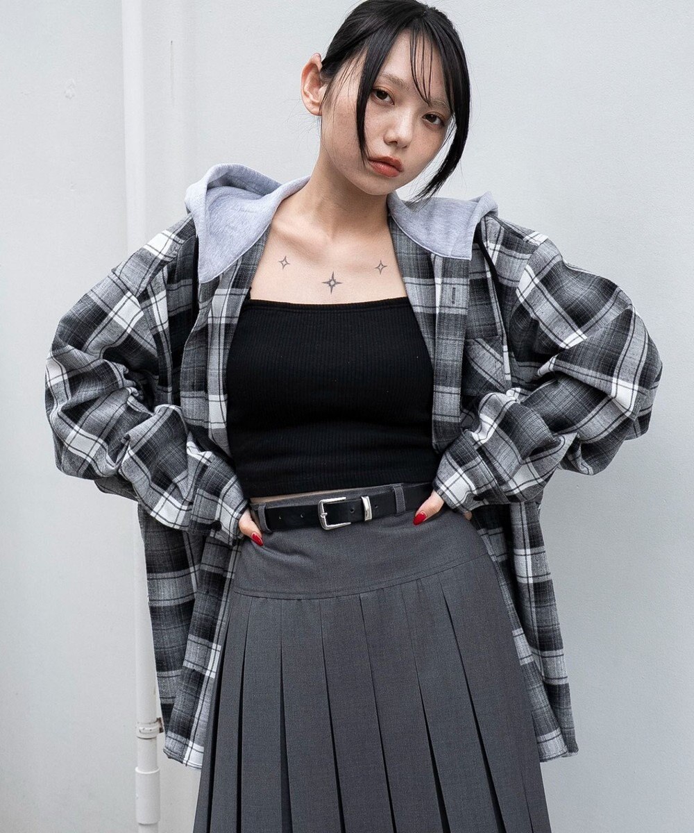 WEGO 【25年秋冬新作/ユニセックス着用ITEM/MLサイズ展開】オンブレチェックフードネルシャツ（LS） 