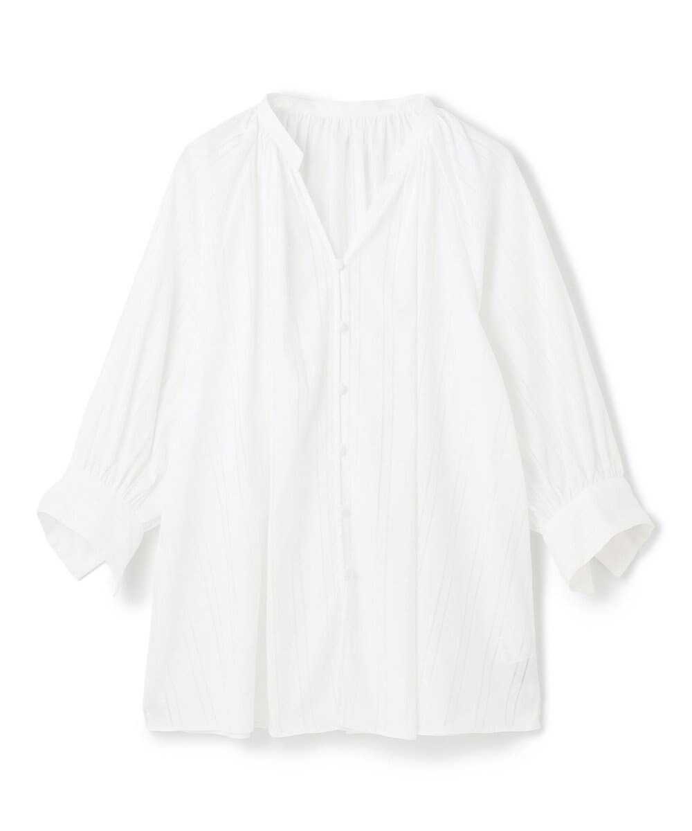 UNFILO ストライプレース ギャザーブラウス 