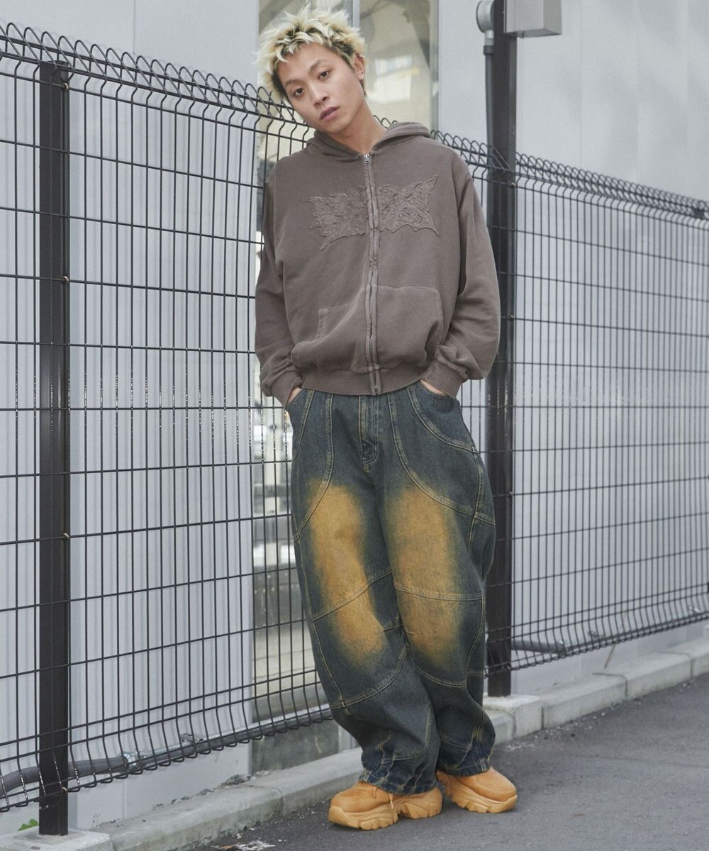 WEGO 【ユニセックス着用ITEM】ピグメントダメージアップリケZIPパーカー 