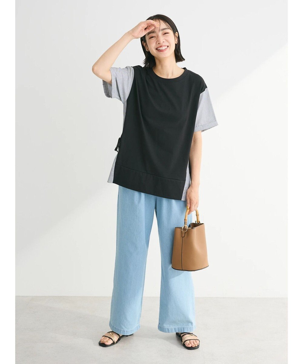 Green Parks 脇リボン５分袖布帛ドッキングプルオーバー 