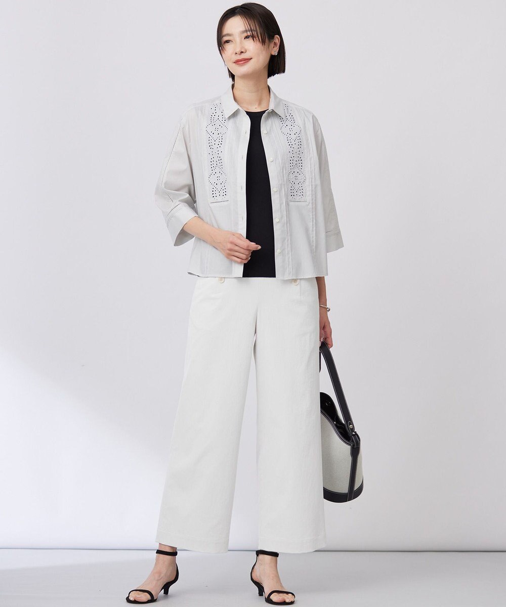 J.PRESS LADIES 【洗える・接触冷感・UVケア・吸水速乾・防透け】麻シェルドライ ワイドストレート マリン パンツ 