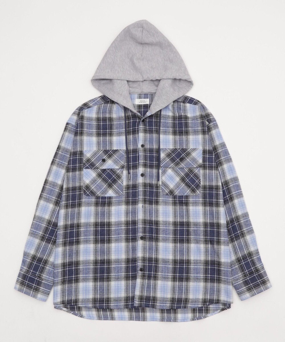 WEGO 【25年秋冬新作/ユニセックス着用ITEM/MLサイズ展開】オンブレチェックフードネルシャツ（LS） 