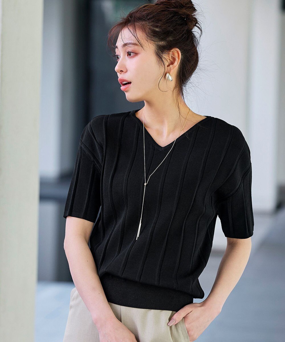Tiaclasse 【洗える】プリーツ編みVネックニットトップス 