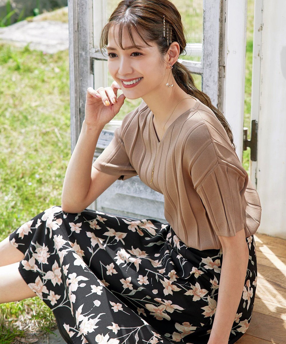 Tiaclasse 【洗える】プリーツ編みVネックニットトップス 