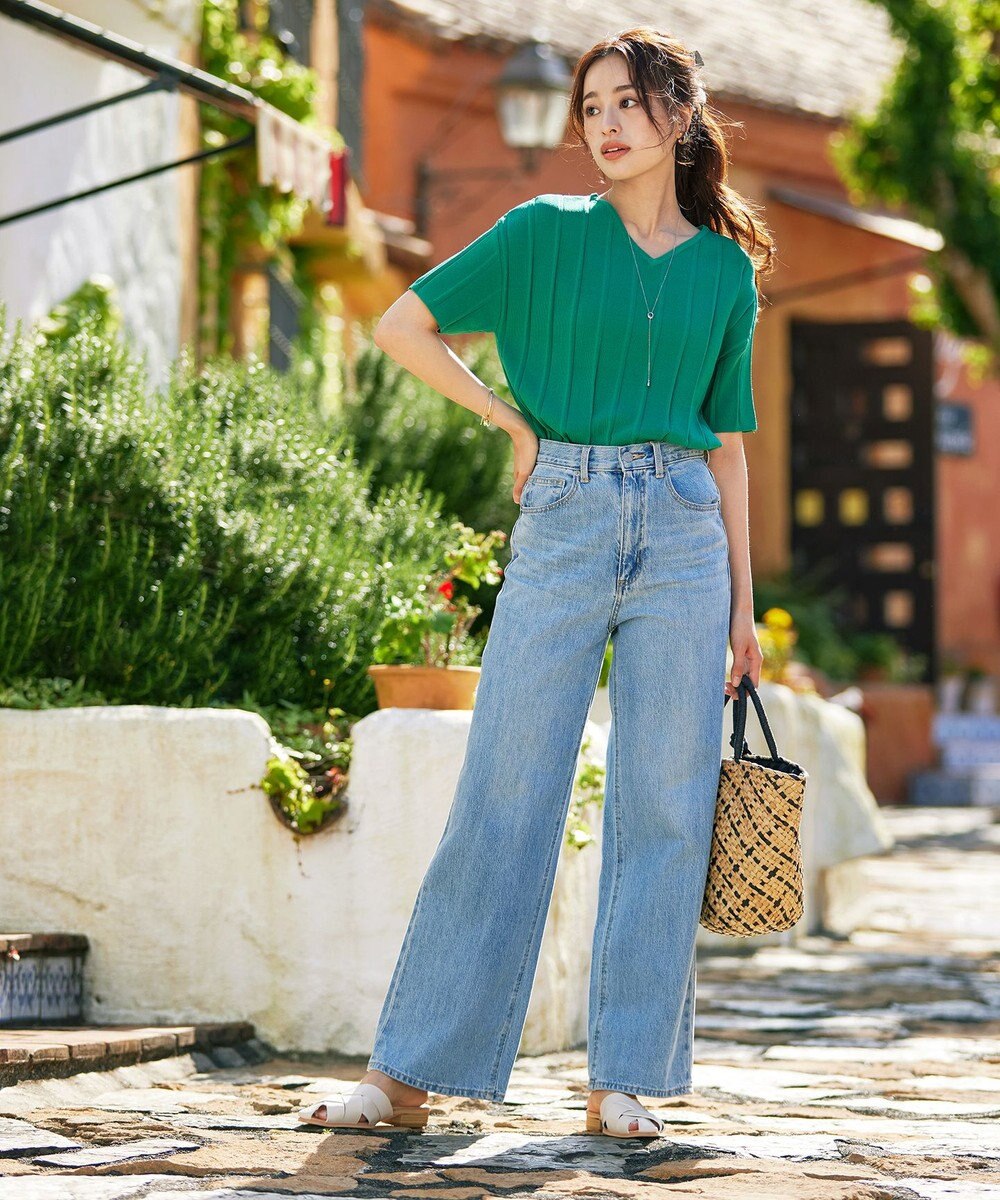 Tiaclasse 【洗える】プリーツ編みVネックニットトップス 