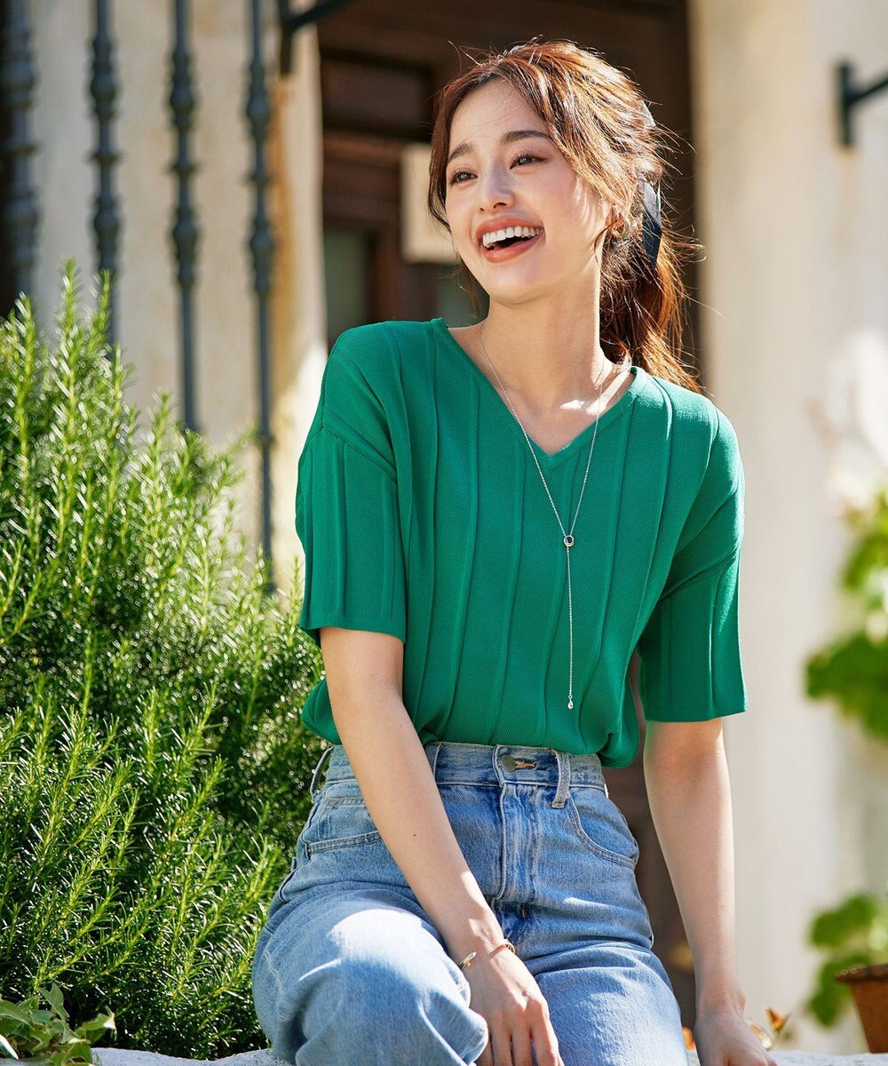 Tiaclasse 【洗える】プリーツ編みVネックニットトップス 