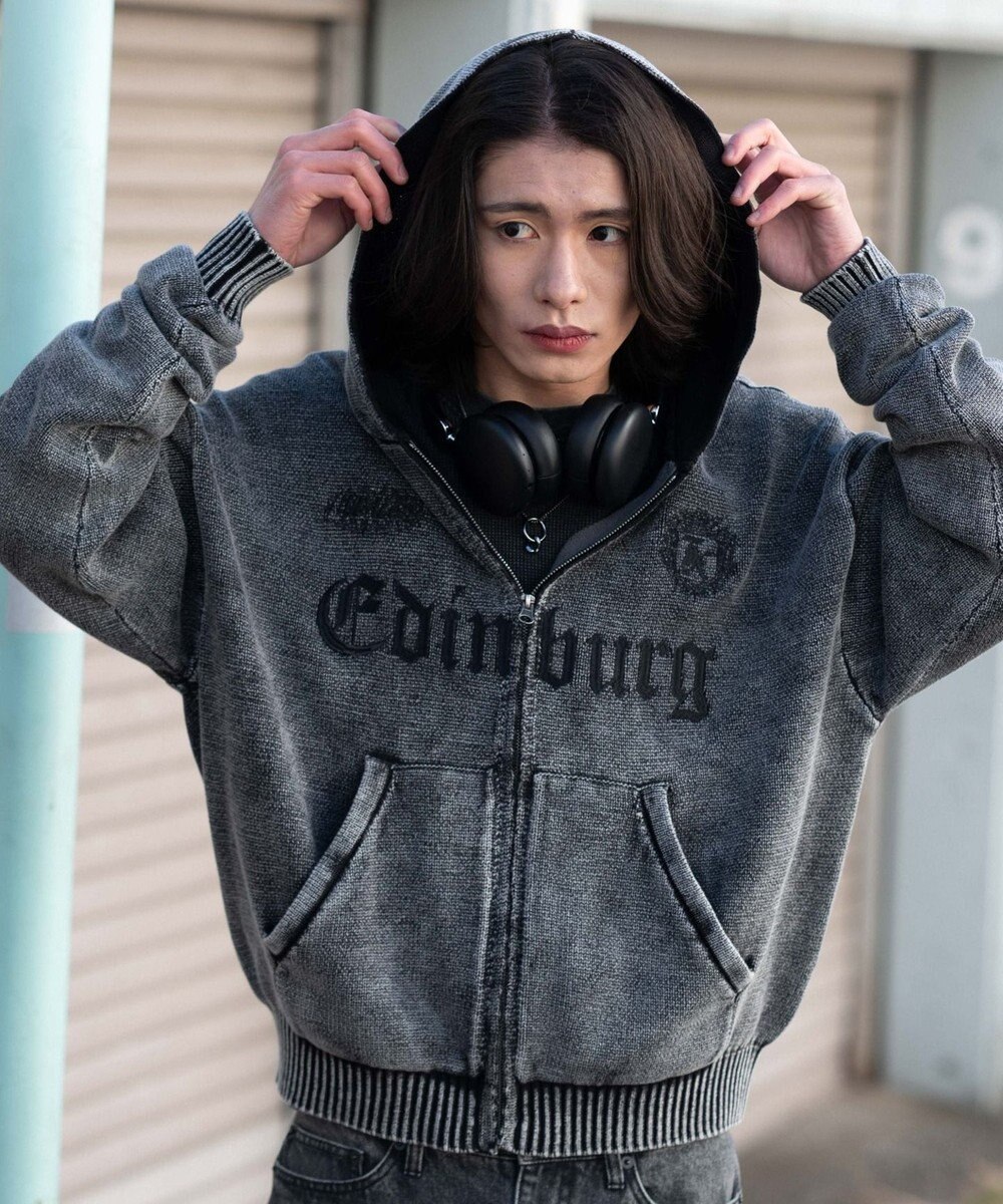 WEGO 【ユニセックス着用ITEM】ブリーチニットグラフィックZIPパーカー 