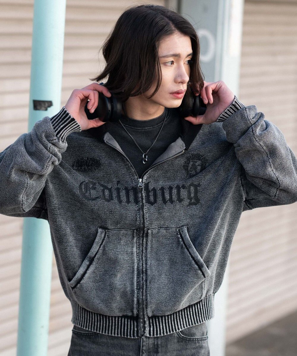 WEGO 【ユニセックス着用ITEM】ブリーチニットグラフィックZIPパーカー 