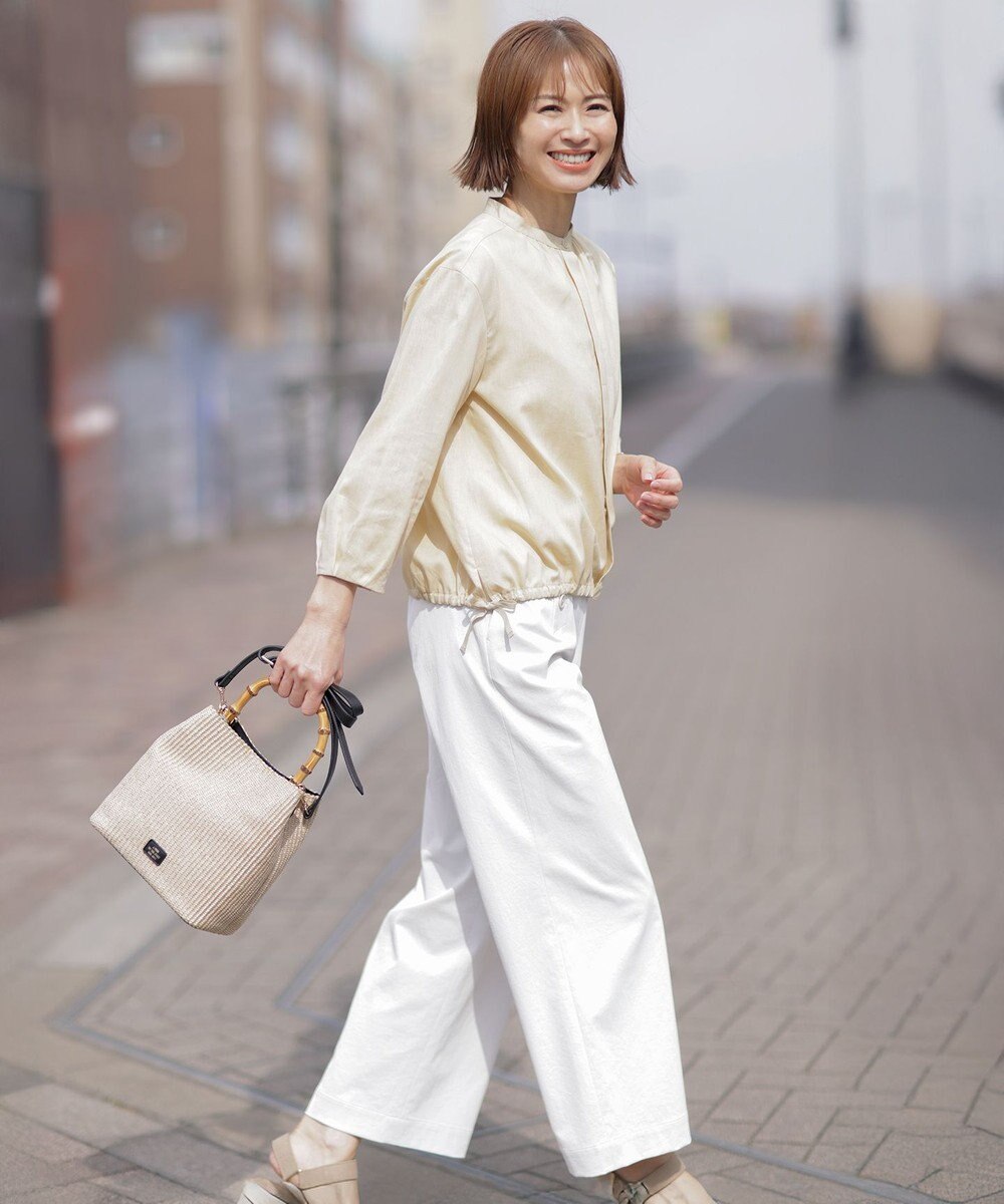 J.PRESS LADIES 【洗える・接触冷感・吸水速乾】麻SOLID バンドカラー シャツ ブラウス 