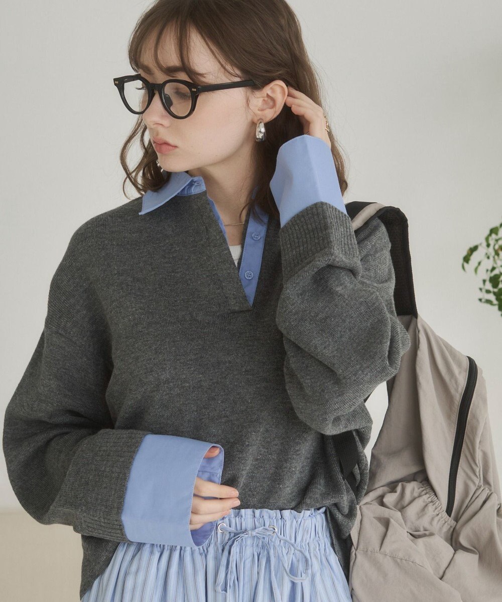 WEGO 【ANGIE VINTAGE】シャツ襟 ドッキング　フェイクレイヤード ニット トップス 